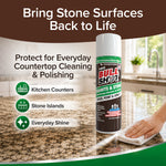 A person cleans a granite kitchen counter with a cloth next to a can of Bull Shot Granite & Stone. Text highlights its use as an effective stone surface cleaner and dedicated granite cleaner for cleaning and polishing kitchen counters and stone islands, delivering everyday shine with a streak-free finish.