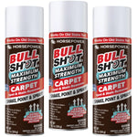 Three cans of Bull Shot Carpet with white caps and brown labels, featuring a pet-safe powerful foam cleaner and easy shake, point & spray directions.