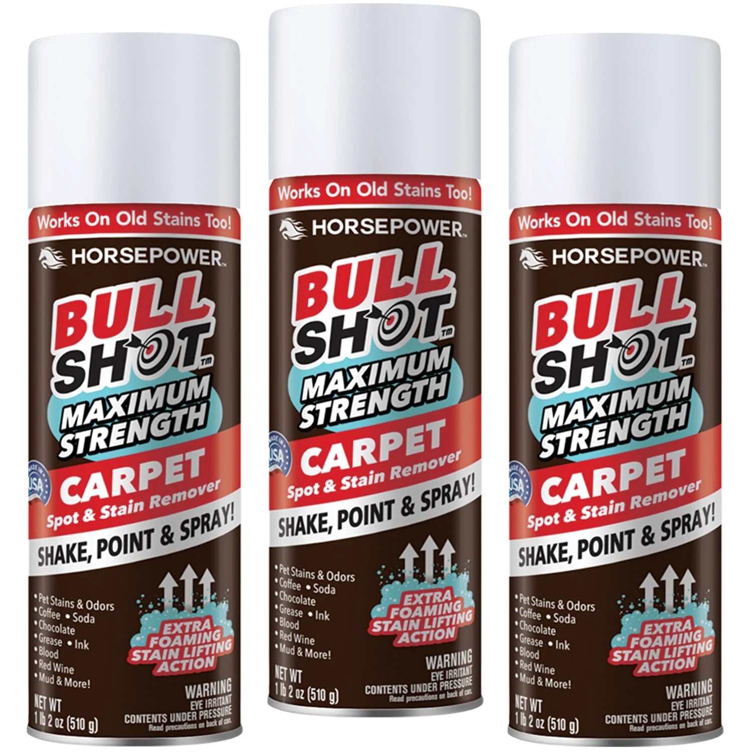 Three cans of Bull Shot Carpet with white caps and brown labels, featuring a pet-safe powerful foam cleaner and easy shake, point & spray directions.