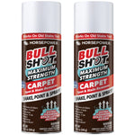 Two cans of Bull Shot Carpet, with red, white, and blue labels highlighting powerful foam cleaner action and pet-safe use—just Shake, Point & Spray!.