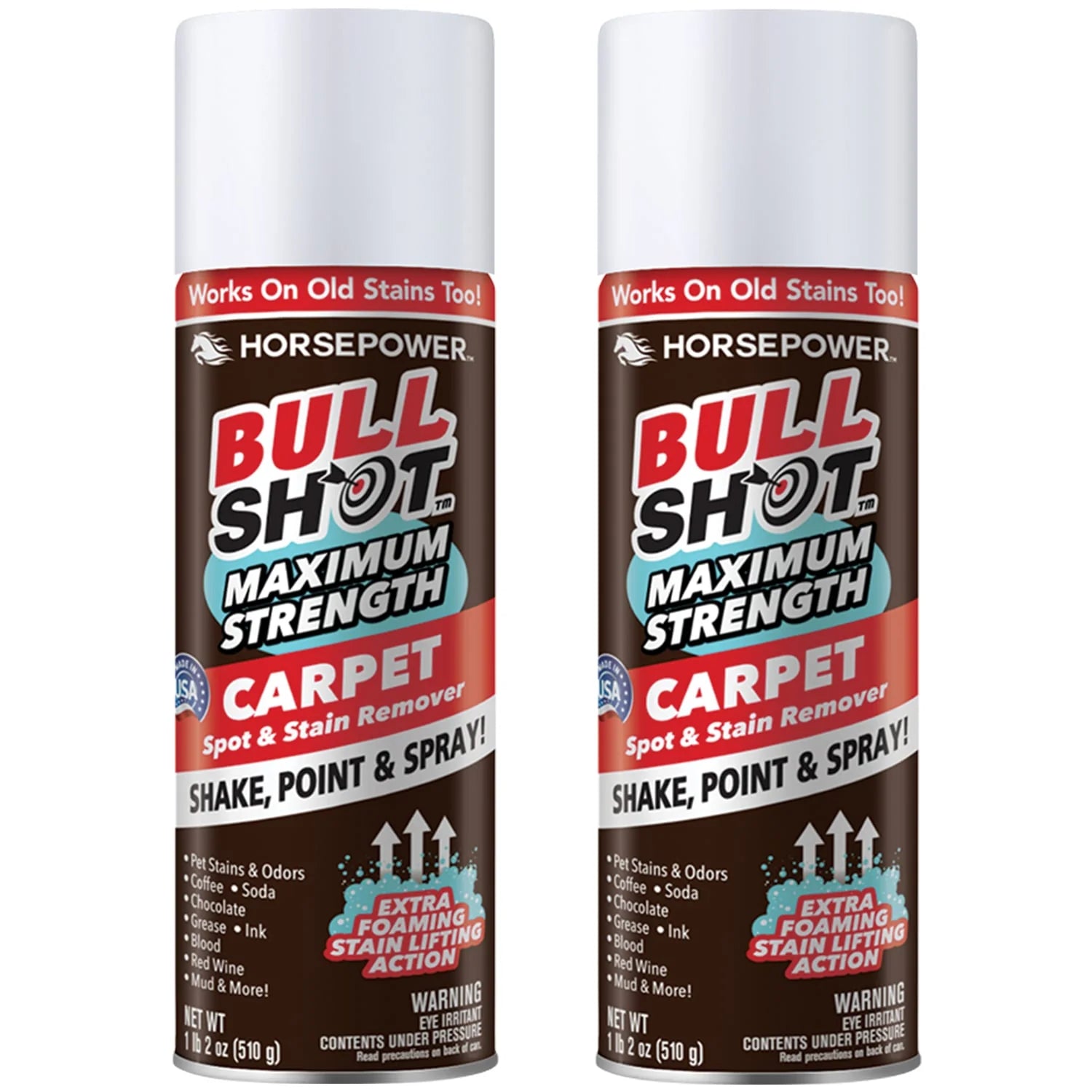 Two cans of Bull Shot Carpet, with red, white, and blue labels highlighting powerful foam cleaner action and pet-safe use—just Shake, Point & Spray!.