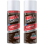 Two cans of Bull Shot Carpet spot & stain remover with white caps and red labels. Features powerful foaming action for tough stains. Pet-safe formula; simple instructions: shake, point, and spray.