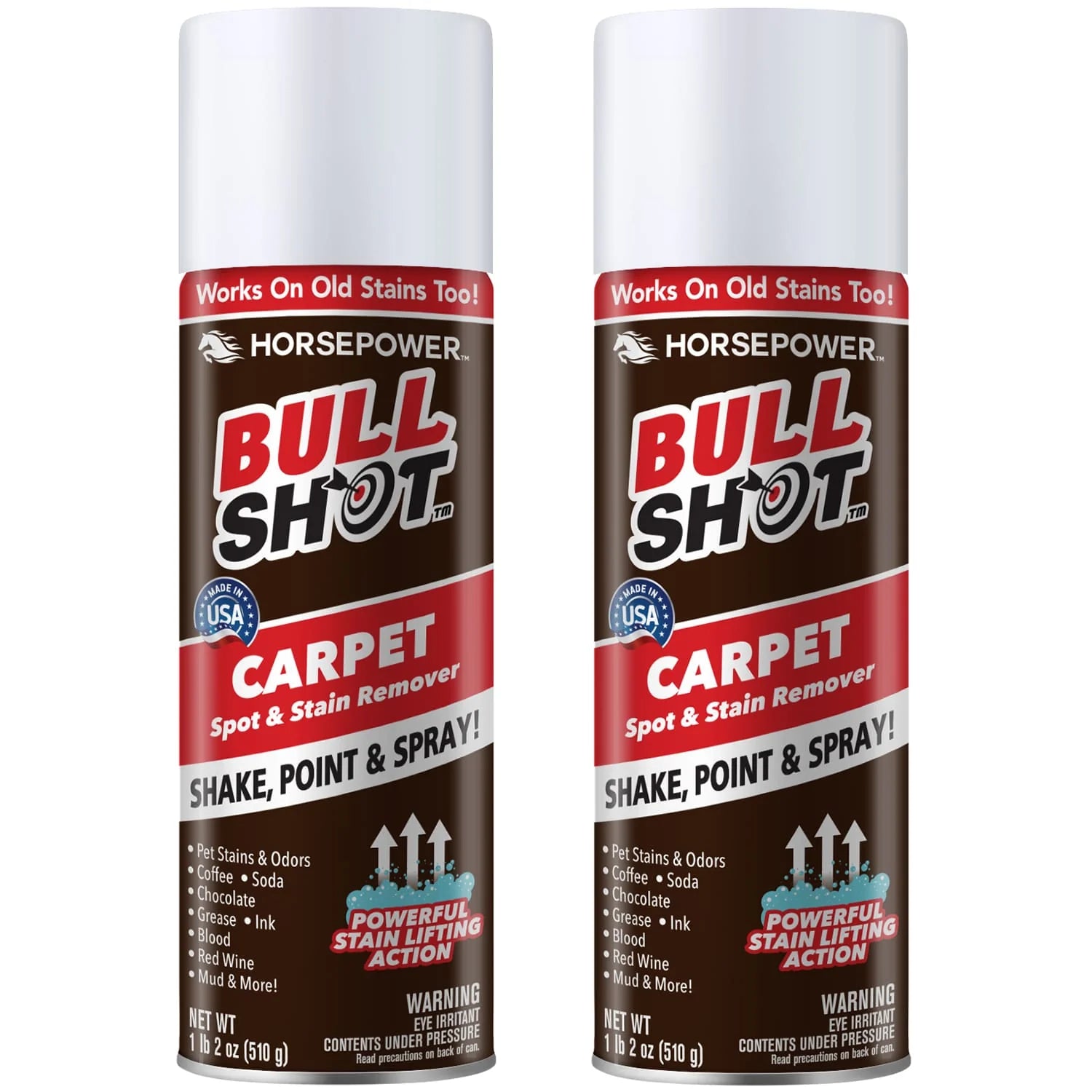 Two cans of Bull Shot Carpet spot & stain remover with white caps and red labels. Features powerful foaming action for tough stains. Pet-safe formula; simple instructions: shake, point, and spray.