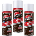 Three cans of Bull Shot Carpet with white caps and bold red, brown, and white labels feature powerful foam cleaner action. Just shake, point, and spray! Effective on old stains and pet safe for worry-free use.