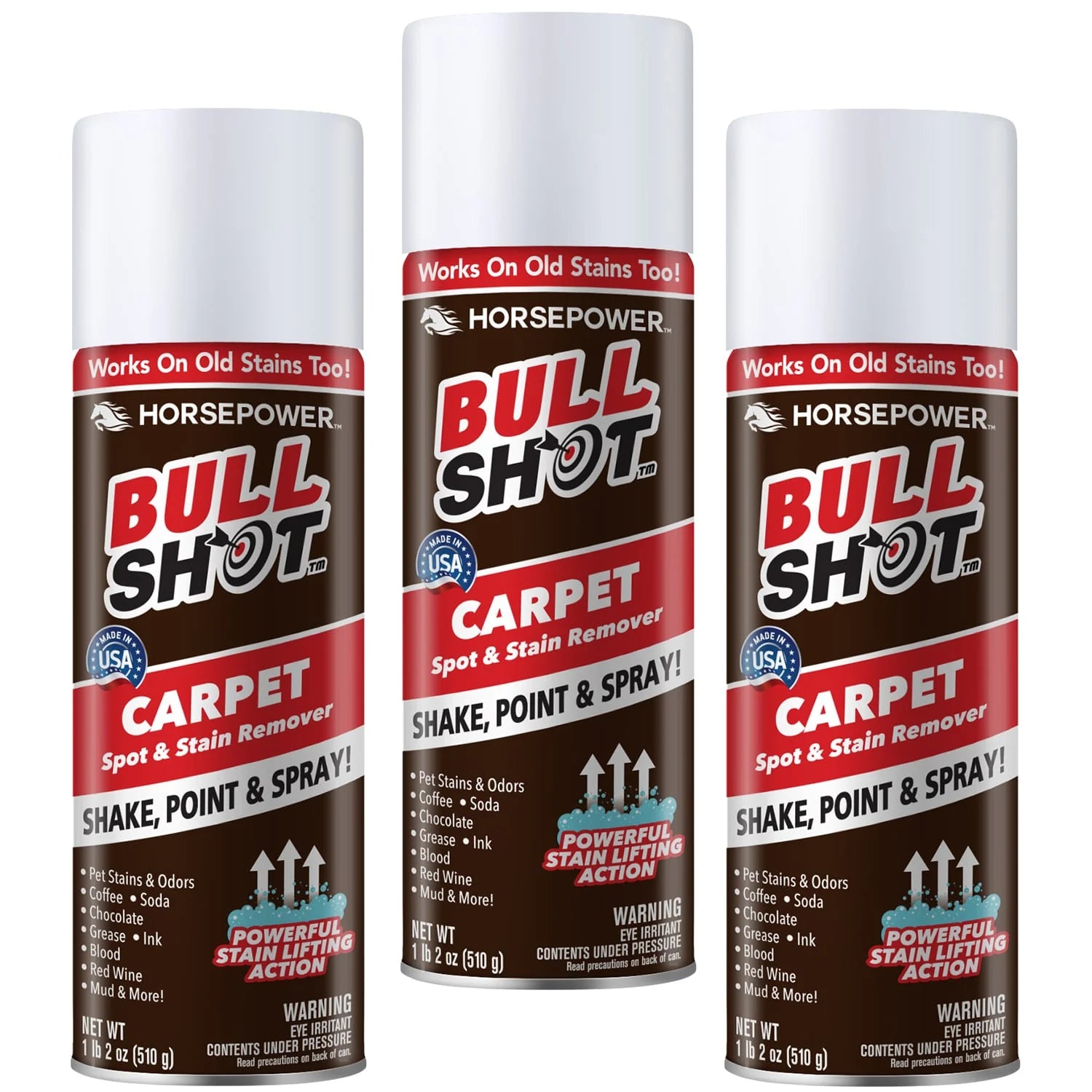 Three cans of Bull Shot Carpet with white caps and bold red, brown, and white labels feature powerful foam cleaner action. Just shake, point, and spray! Effective on old stains and pet safe for worry-free use.