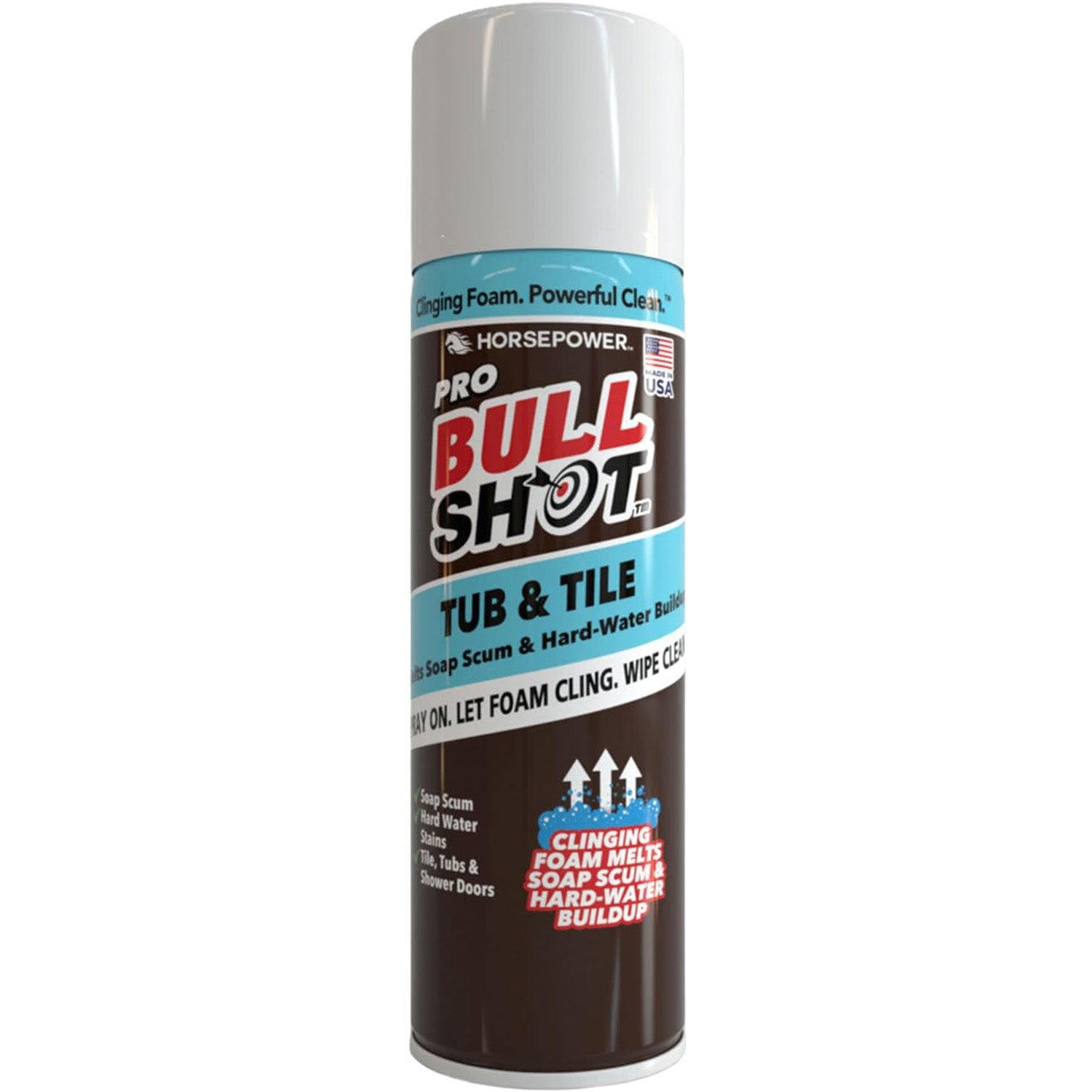 A can of Bull Shot Tub & Tile foaming cleaner with a blue and brown label, powerful for removing soap scum and tough bathroom cleaning, featuring a white spray cap.